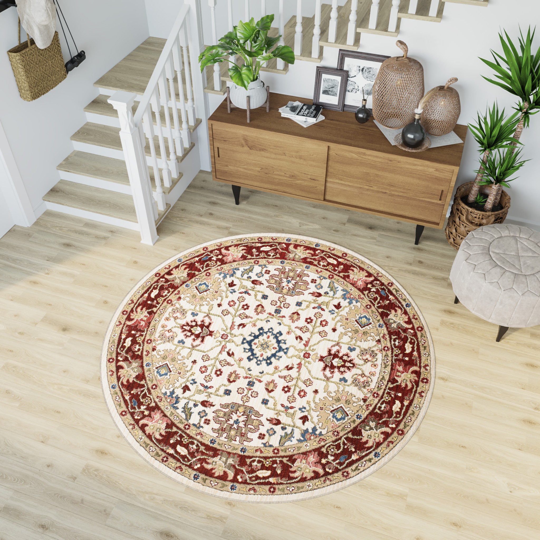 Area Rug Rivoli Round Cream Red Traditional