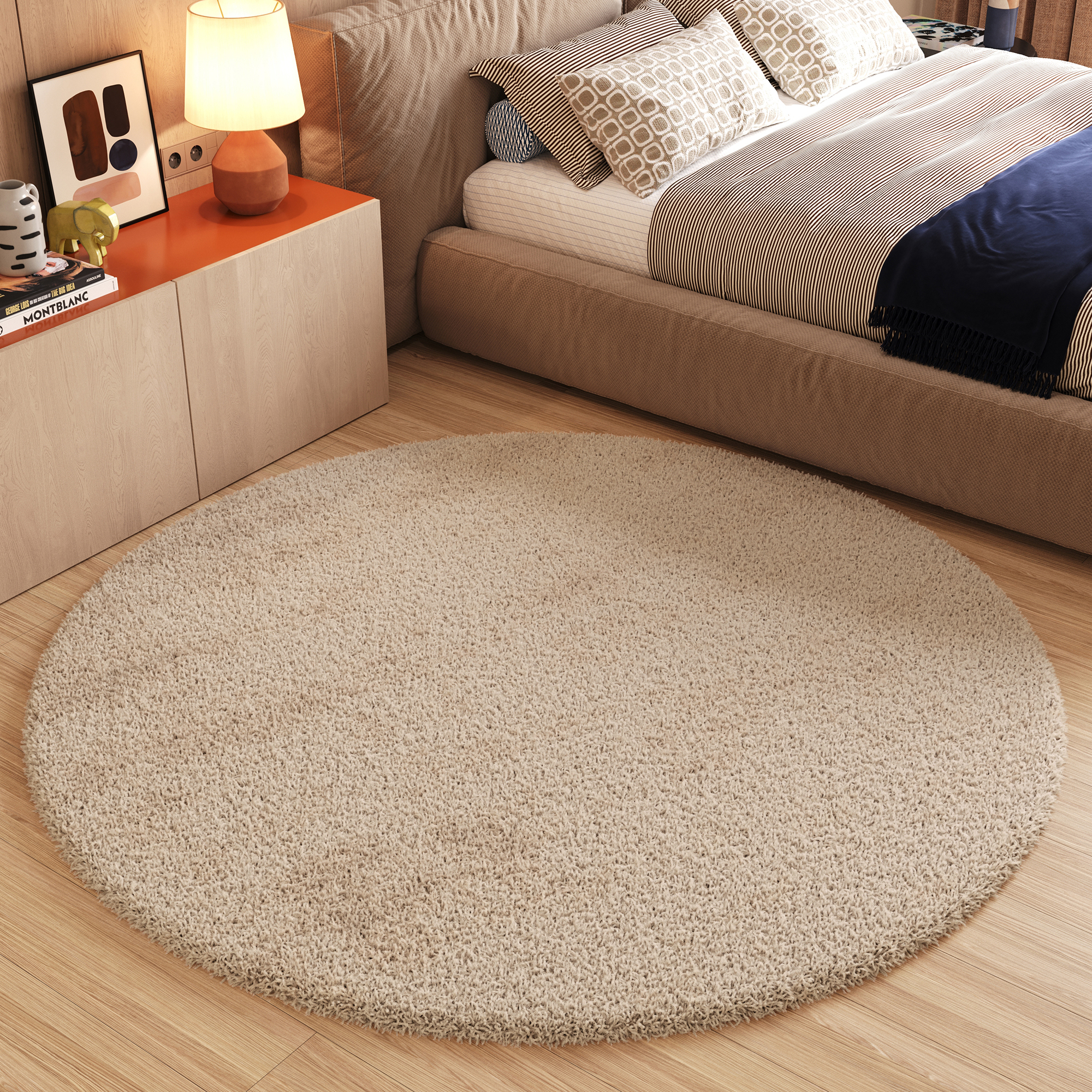 Area Rug Essence Round Shaggy Plain Beige