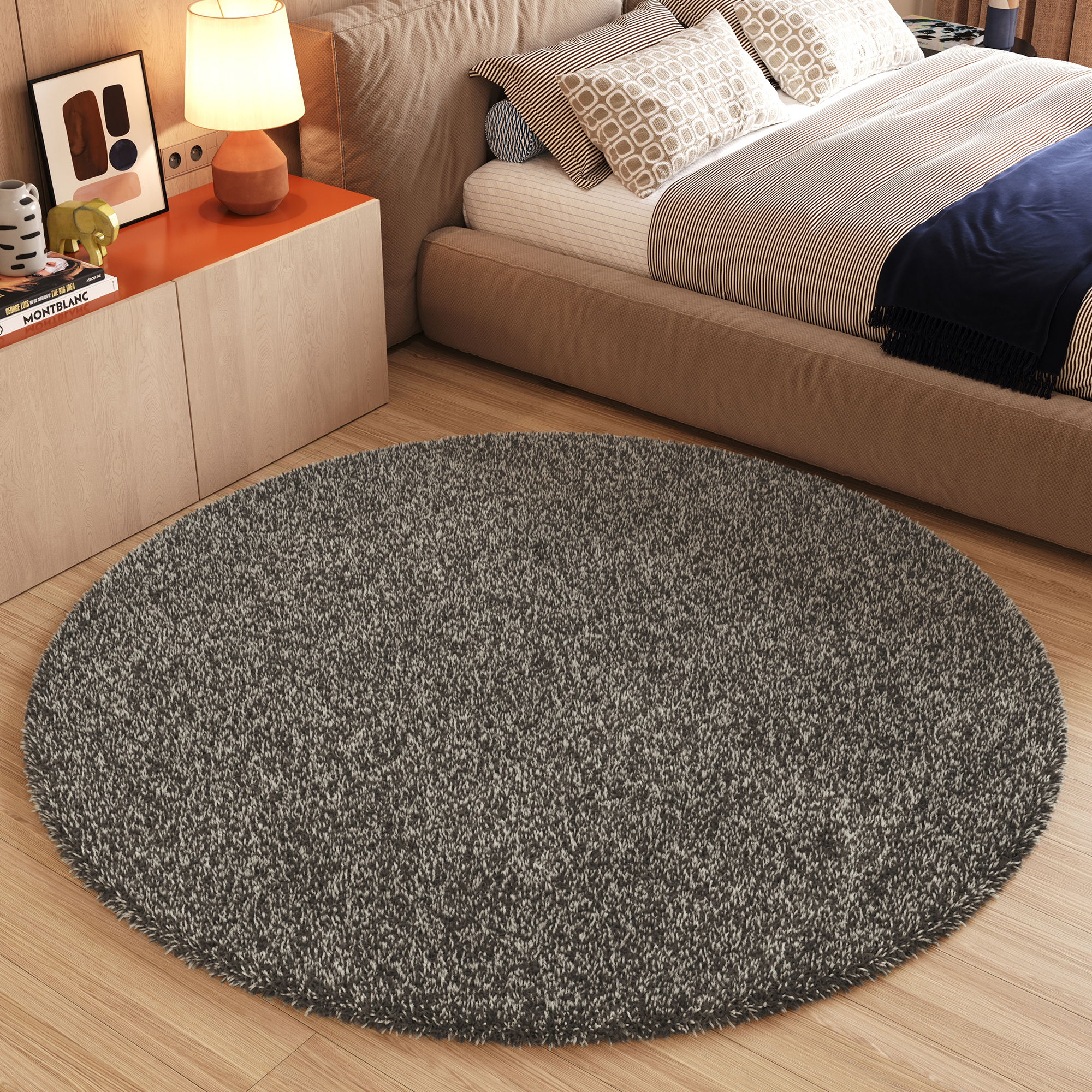 Area Rug Essence Round Shaggy Taupe Grey Melange