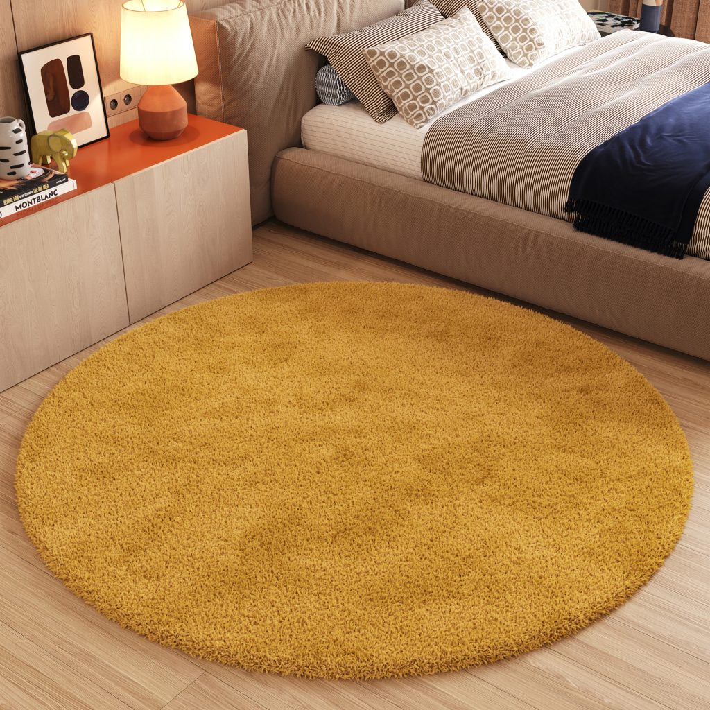Area Rug Essence Round Shaggy Plain Mustard