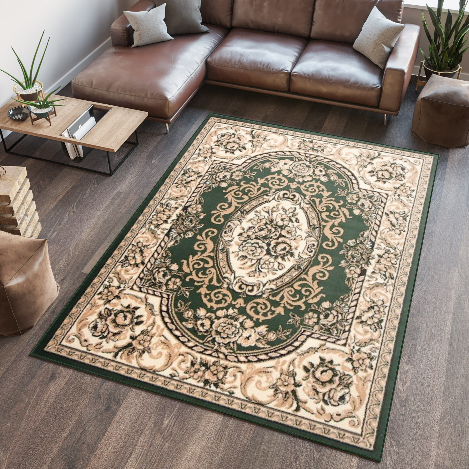 Area Rug Atlas Traditional Short Pile Floral Medallion Green