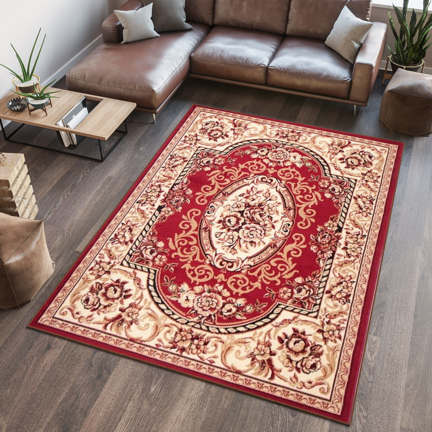 Area Rug Atlas Traditional Short Pile Floral Medallion Red