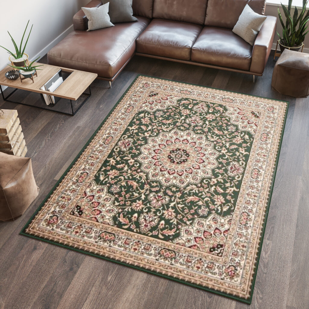 Area Rug Atlas Traditional Short Pile Rosette Frame Green