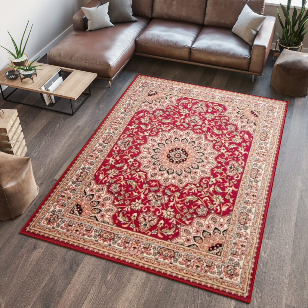 Area Rug Atlas Traditional Short Pile Rosette Frame Red Beige