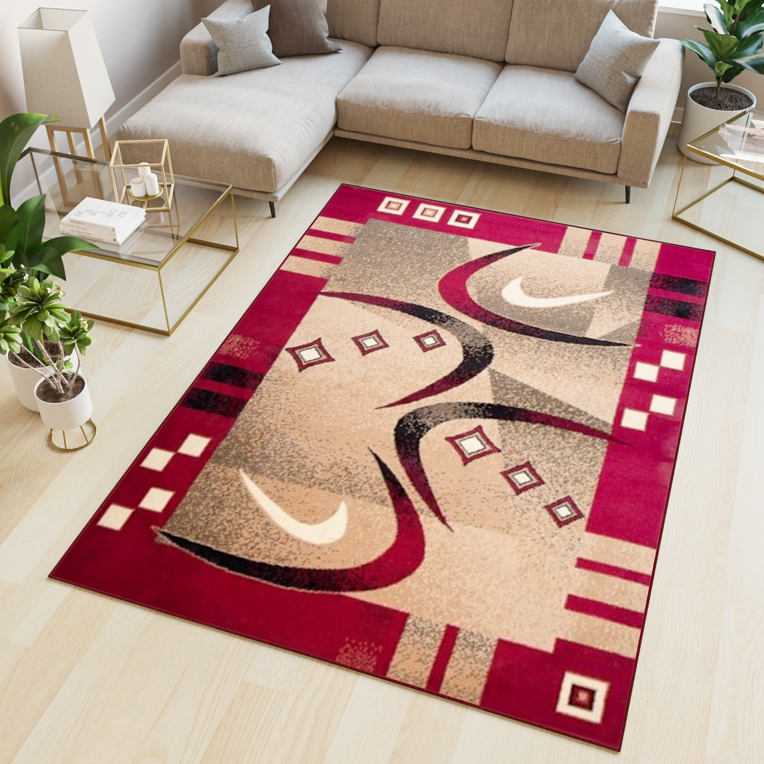 Area Rug Atlas Modern Abstract Short Pile Beige Red