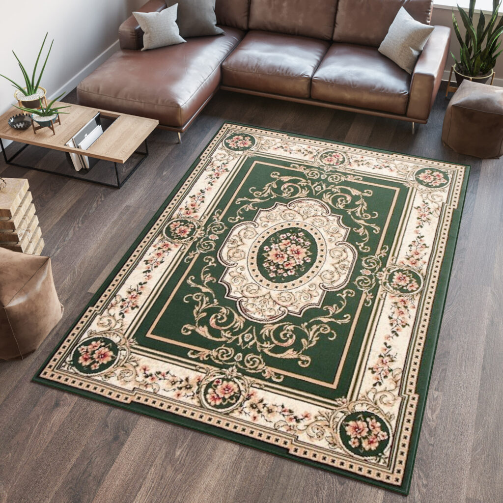 Area Rug Atlas Traditional Short Pile Medallion Frame Green