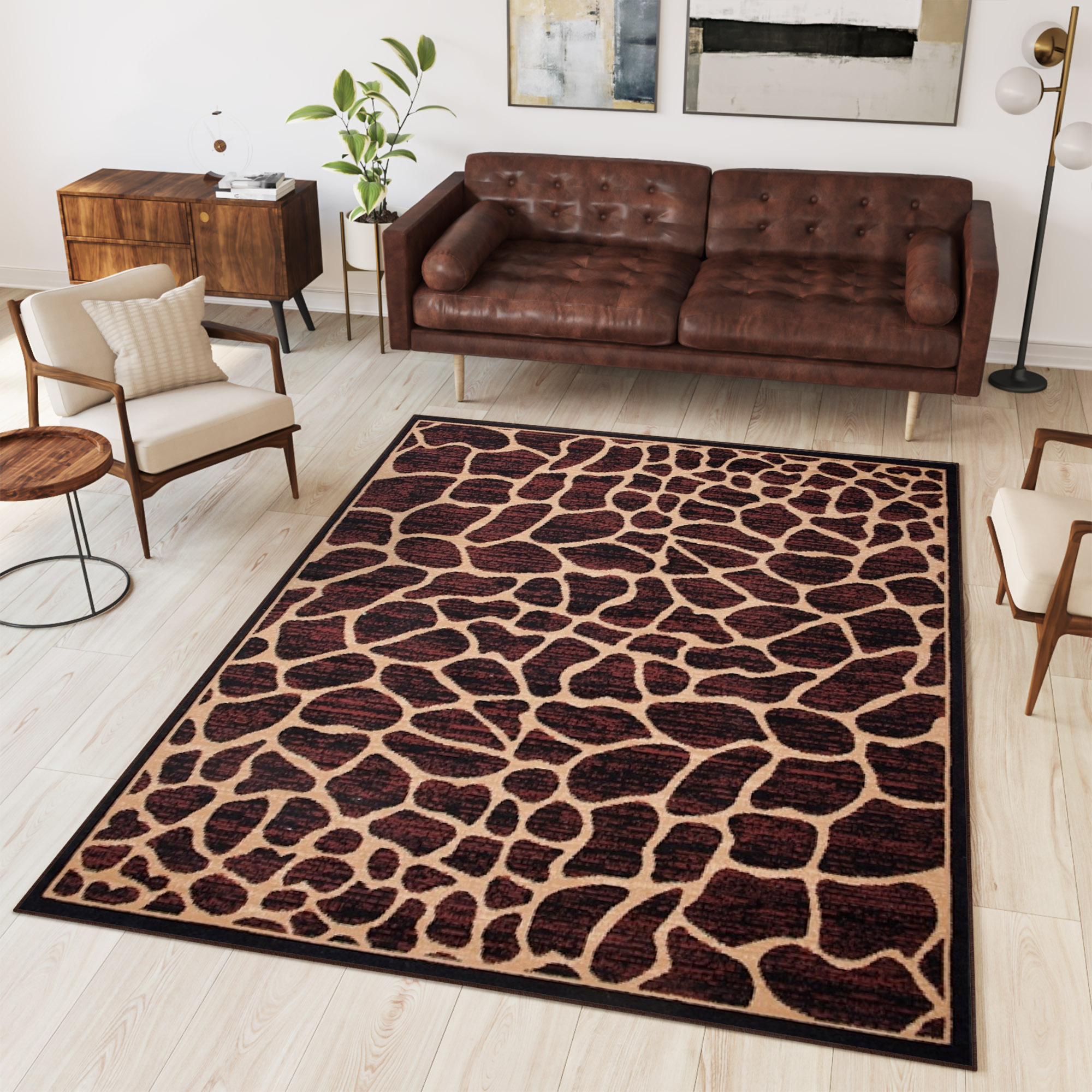 Area Rug Atlas Short Pile Safari Giraffe Brown Black