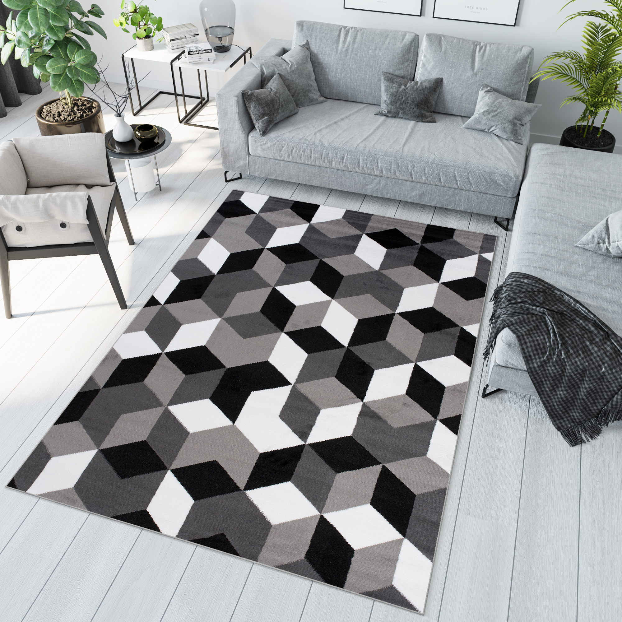 Area Rug Maya Geometric Black Grey White Durable Carpet
