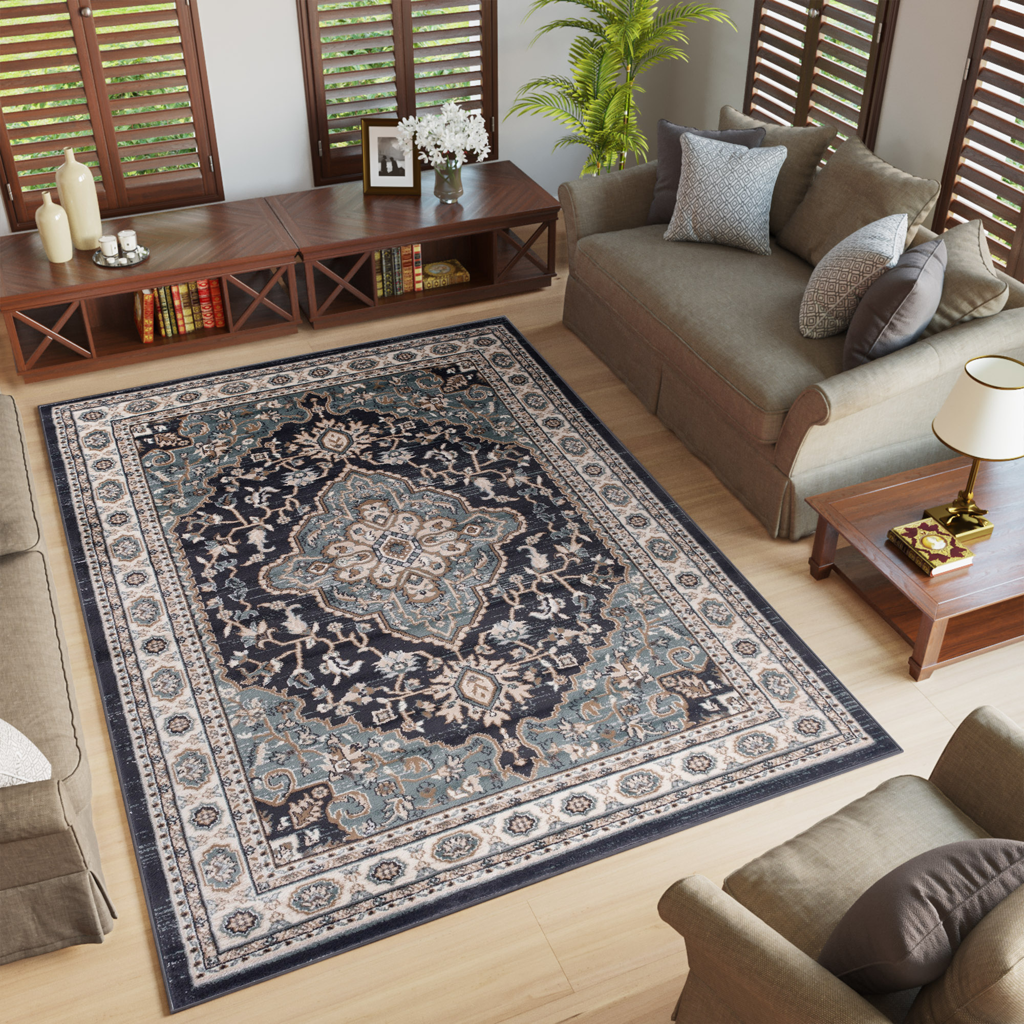 Area Rug Colorado Traditional Black Blue Ornaments
