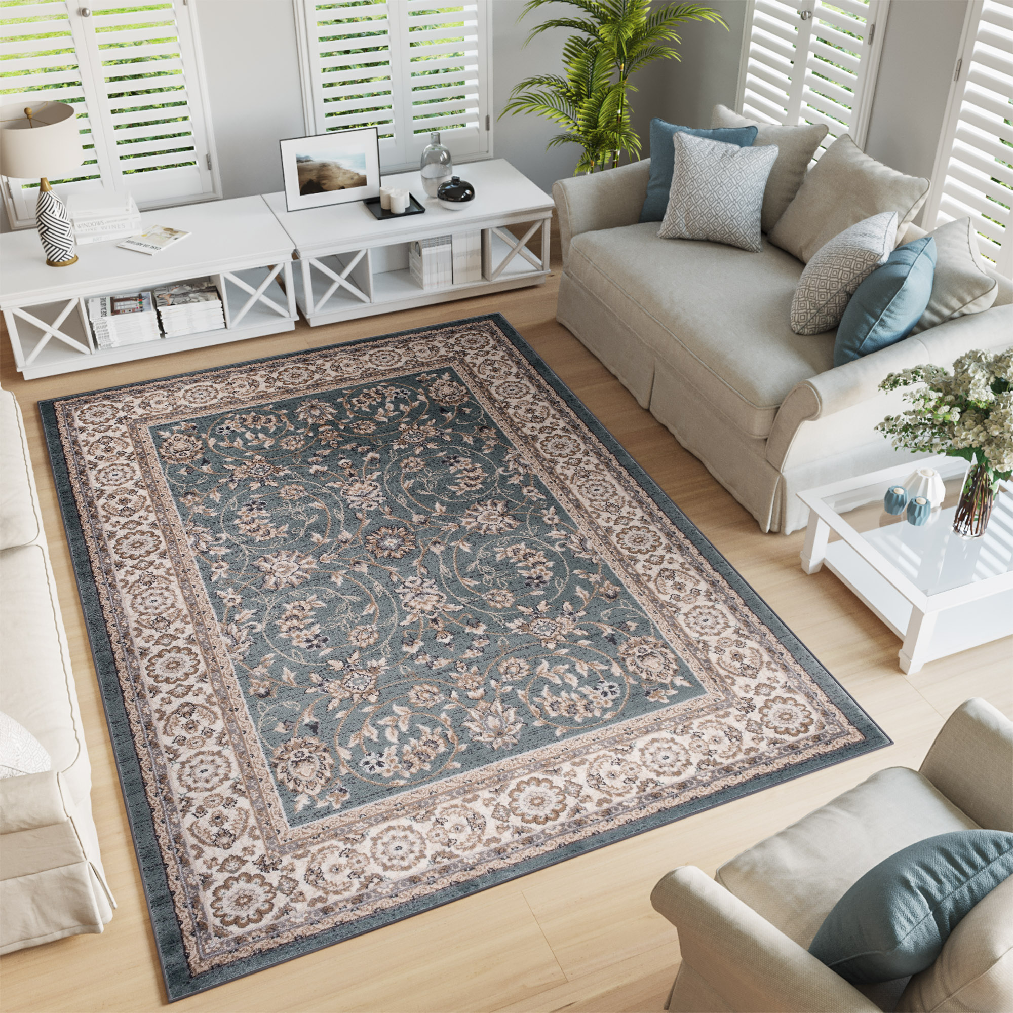 Area Rug Colorado Traditional Blue Beige Floral