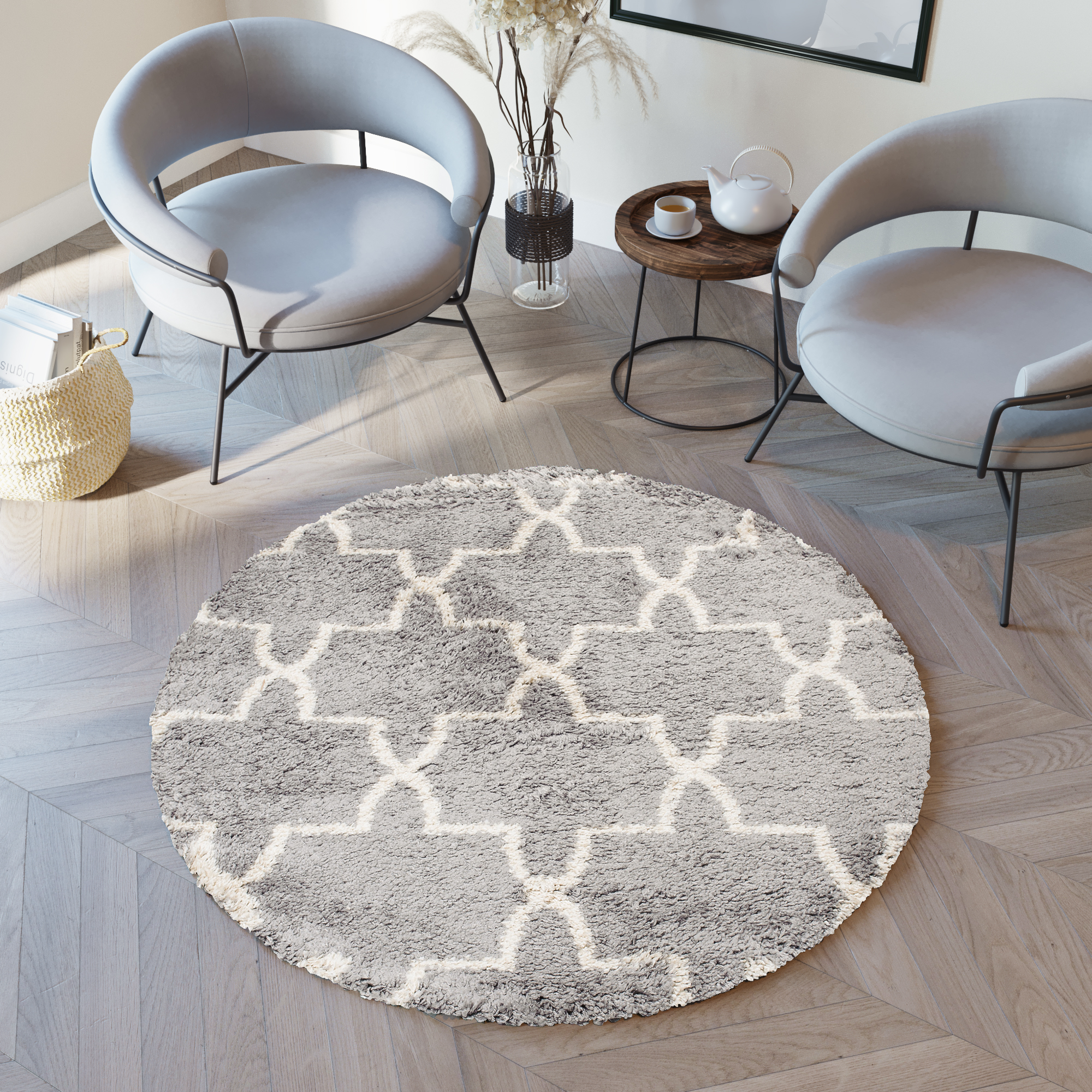 Area Rug Boho Round Shaggy Geometric Grey Cream Moroccan
