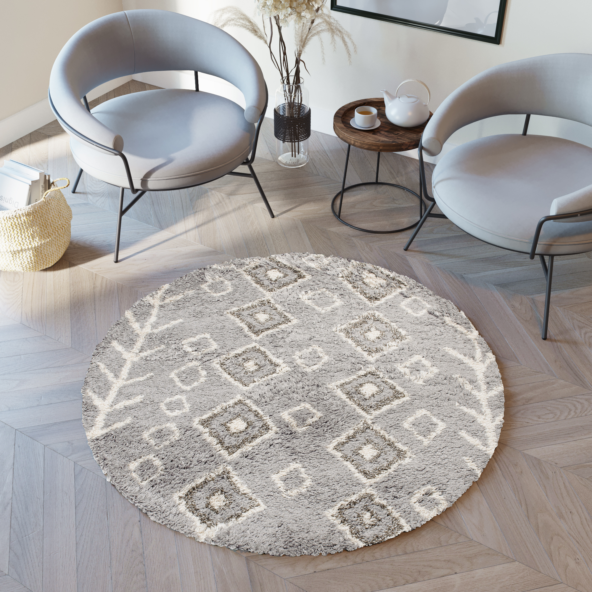 Area Rug Boho Round Shaggy Grey Cream Ethnic Shapes