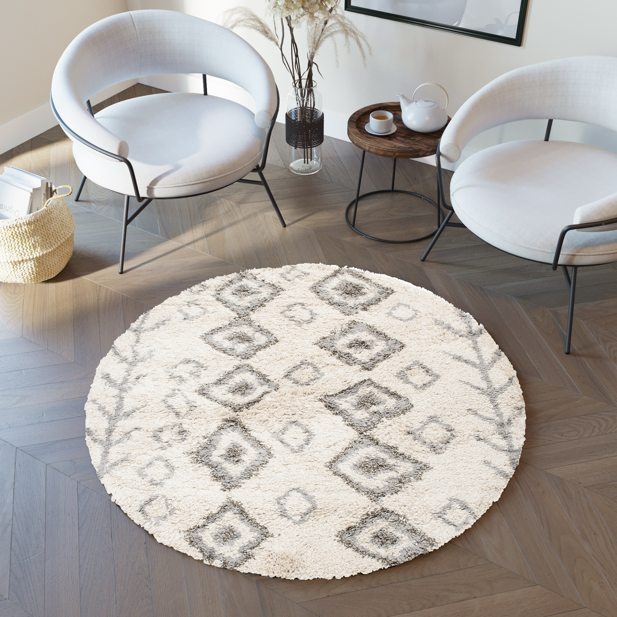 Area Rug Boho Round Shaggy Cream Grey Ethnic Shapes