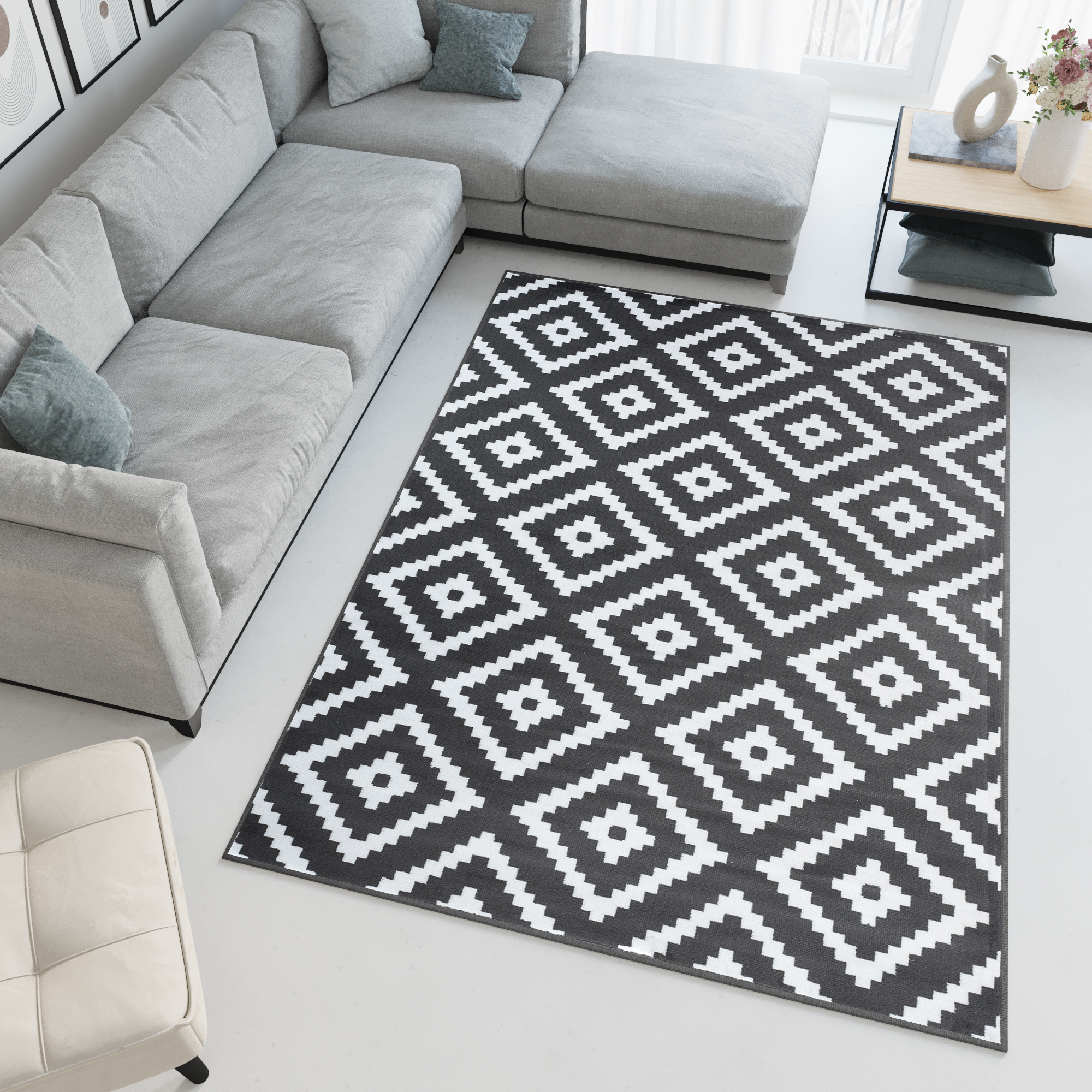 Area Rug Luxury Short Pile Diamond Dark Grey White