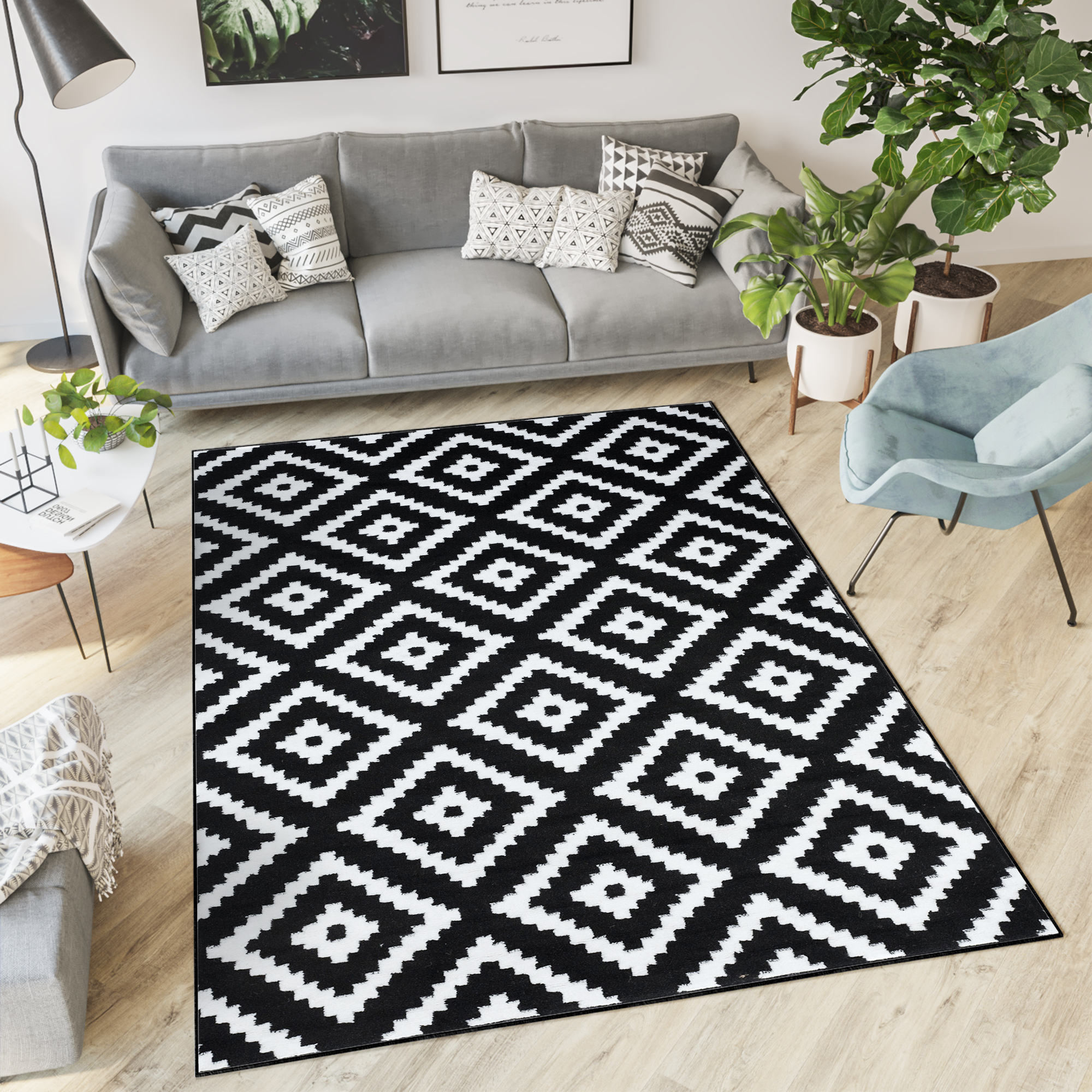 Area Rug Luxury Short Pile Diamond Geometric Black White