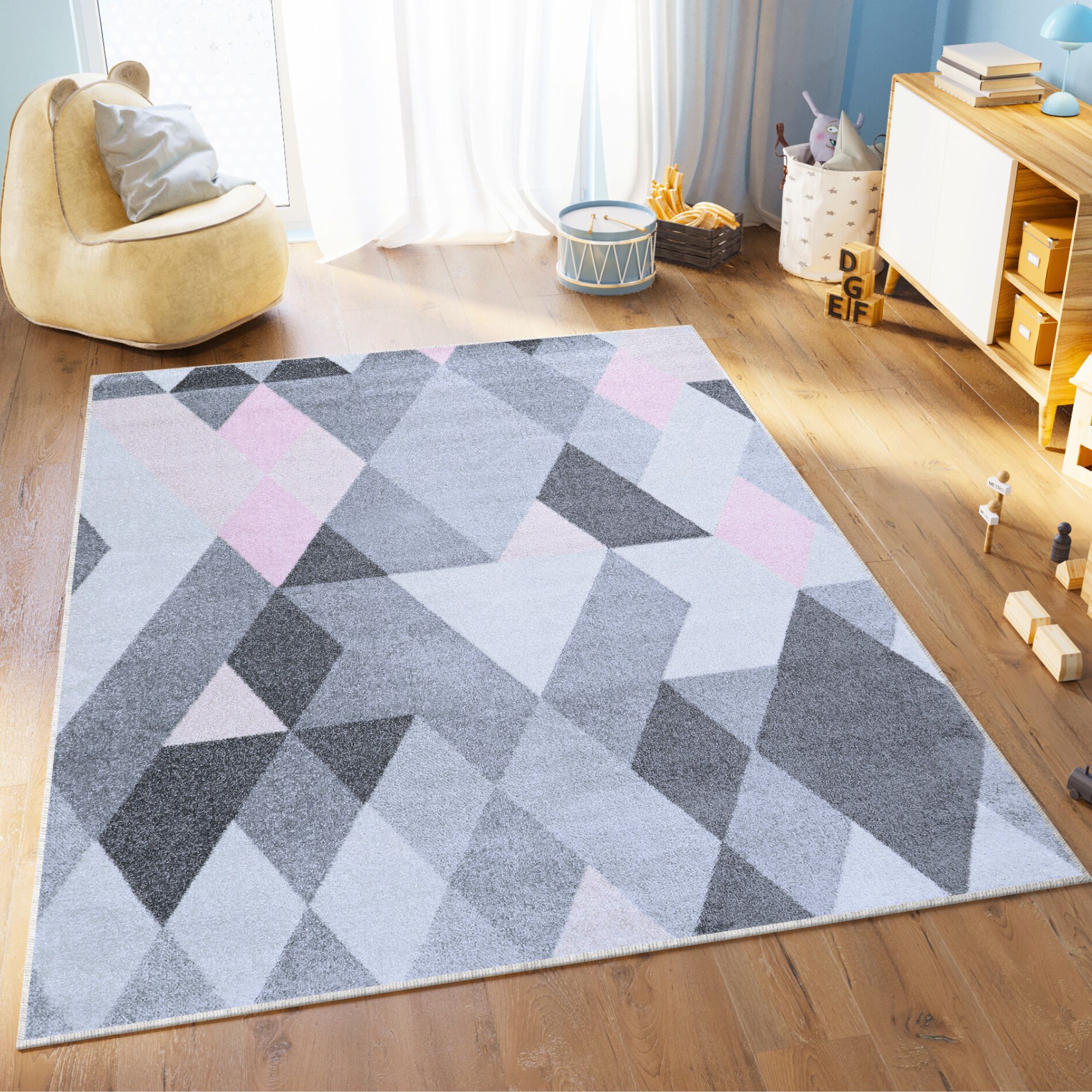 Area Rug Lazur Geometric Shapes Grey Powder Pink