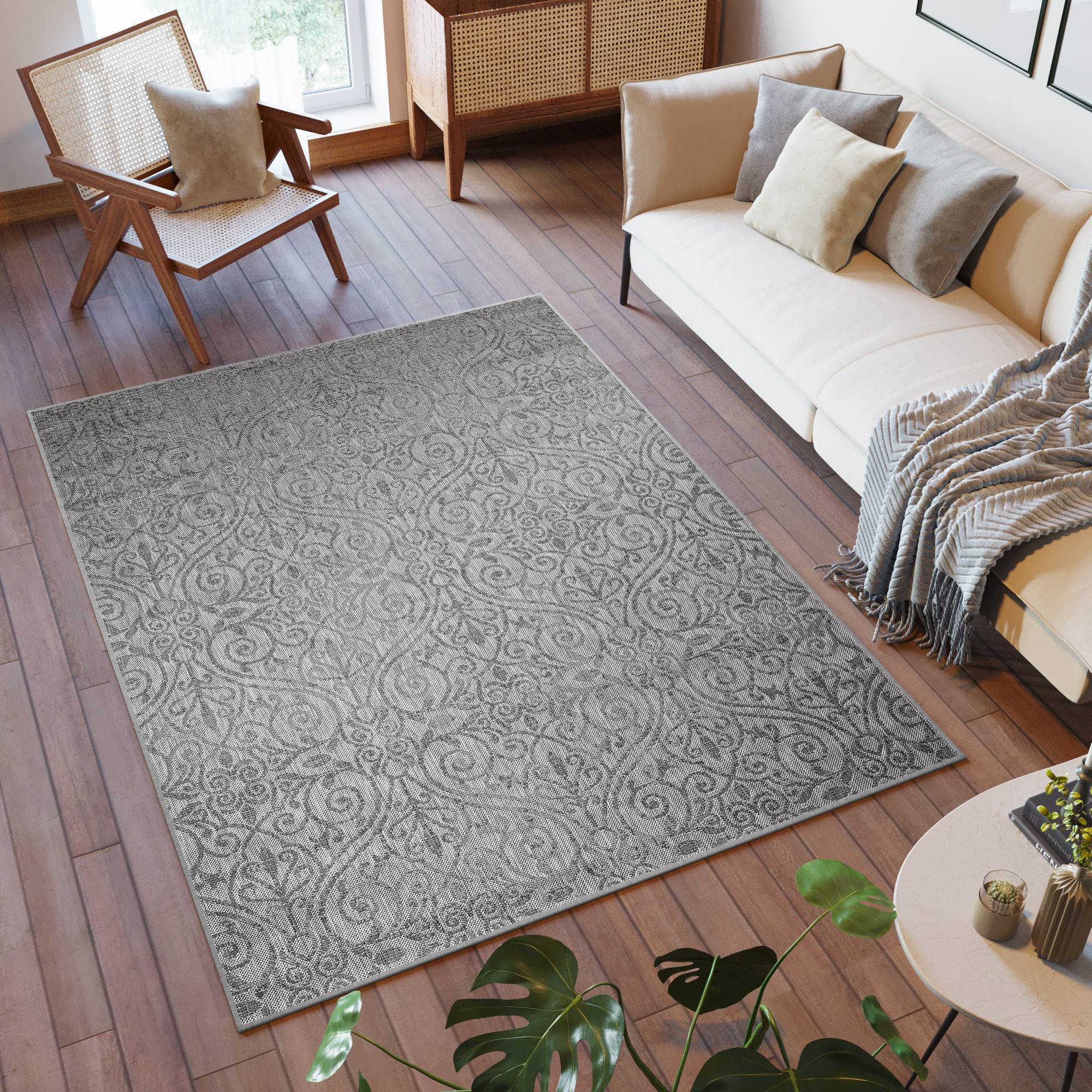 Area Rug Capri Sisal Indoor Outdoor Grey Floral Vintage
