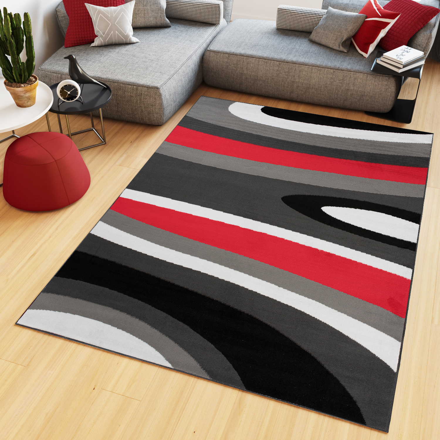 Area Rug Maya Modern Short Pile Waves Lines Designer Grey Red