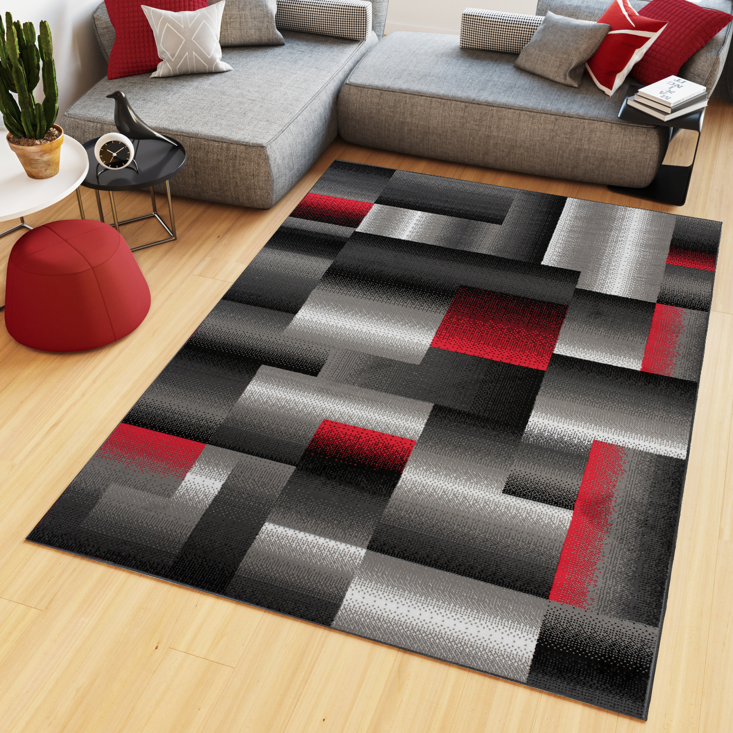 Area Rug Maya Modern Geometric Square Short Pile Grey Red