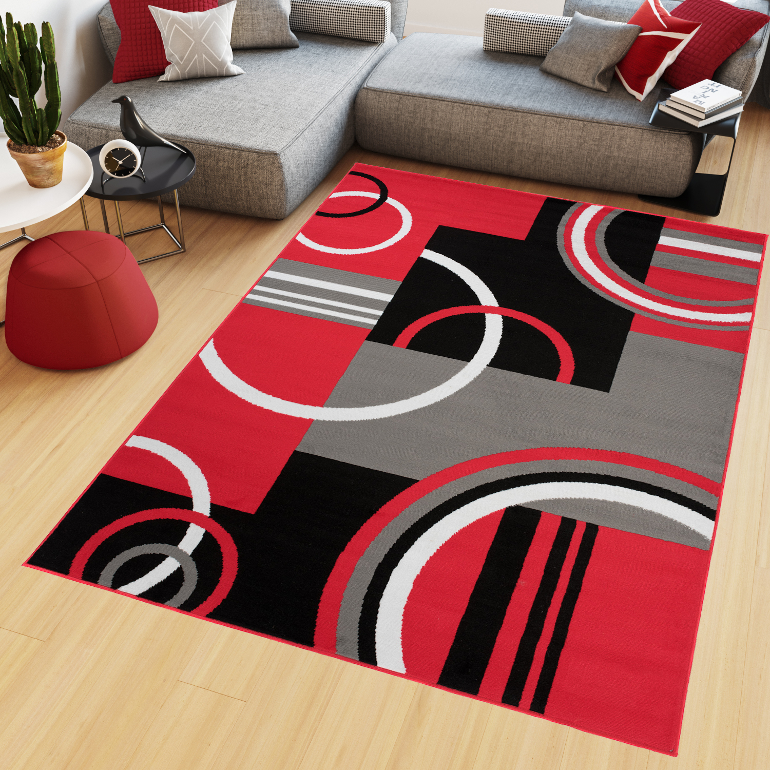 Area Rug Maya Modern Short Pile Circles Geometric Red Grey