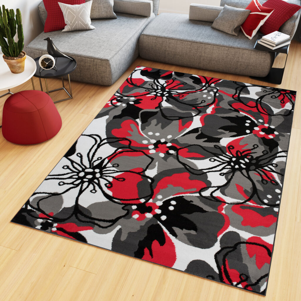 Area Rug Maya Modern Short Pile Designer Flowers Red Grey