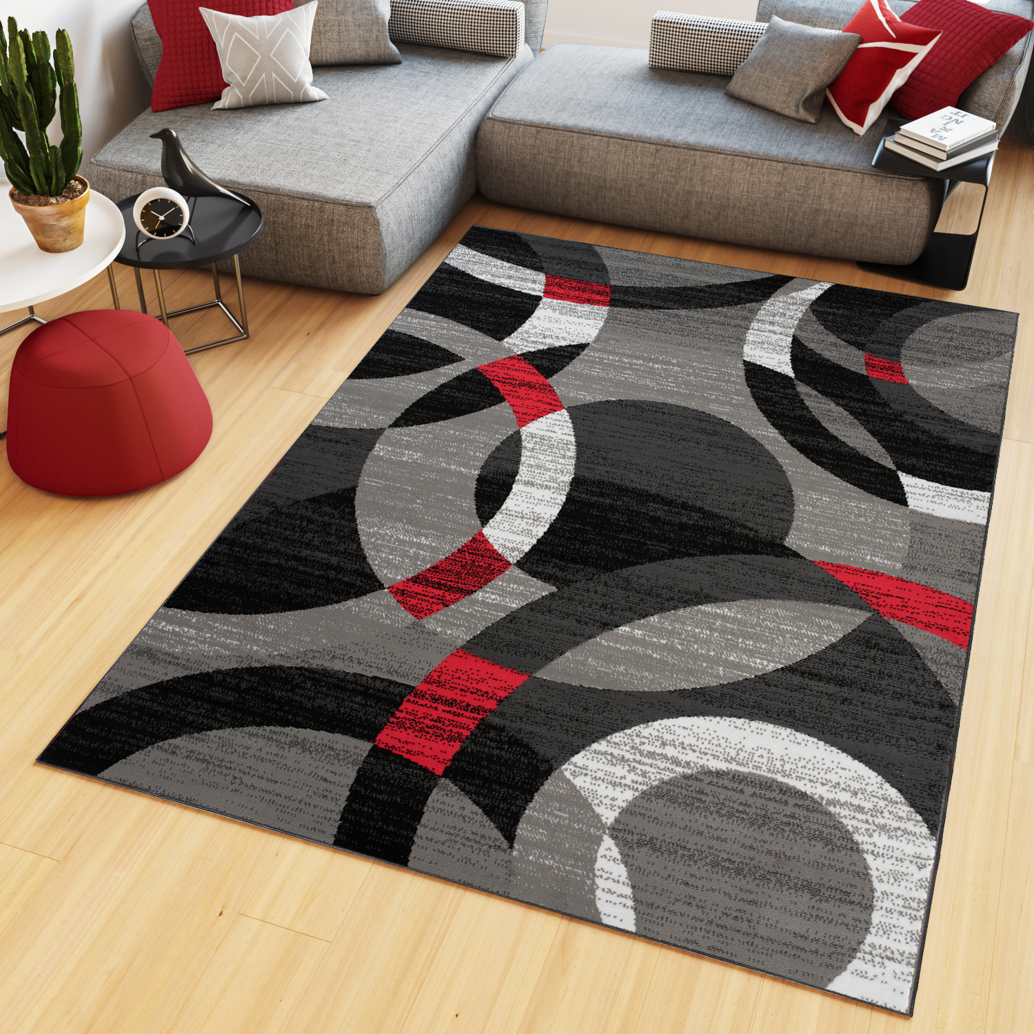 Area Rug Maya Modern Short Pile Geometric Circle Grey Red
