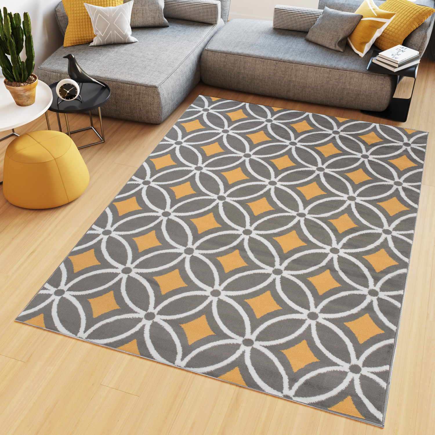 Area Rug Maya Modern Short Pile Lilac Mosaic Designer Grey Yellow