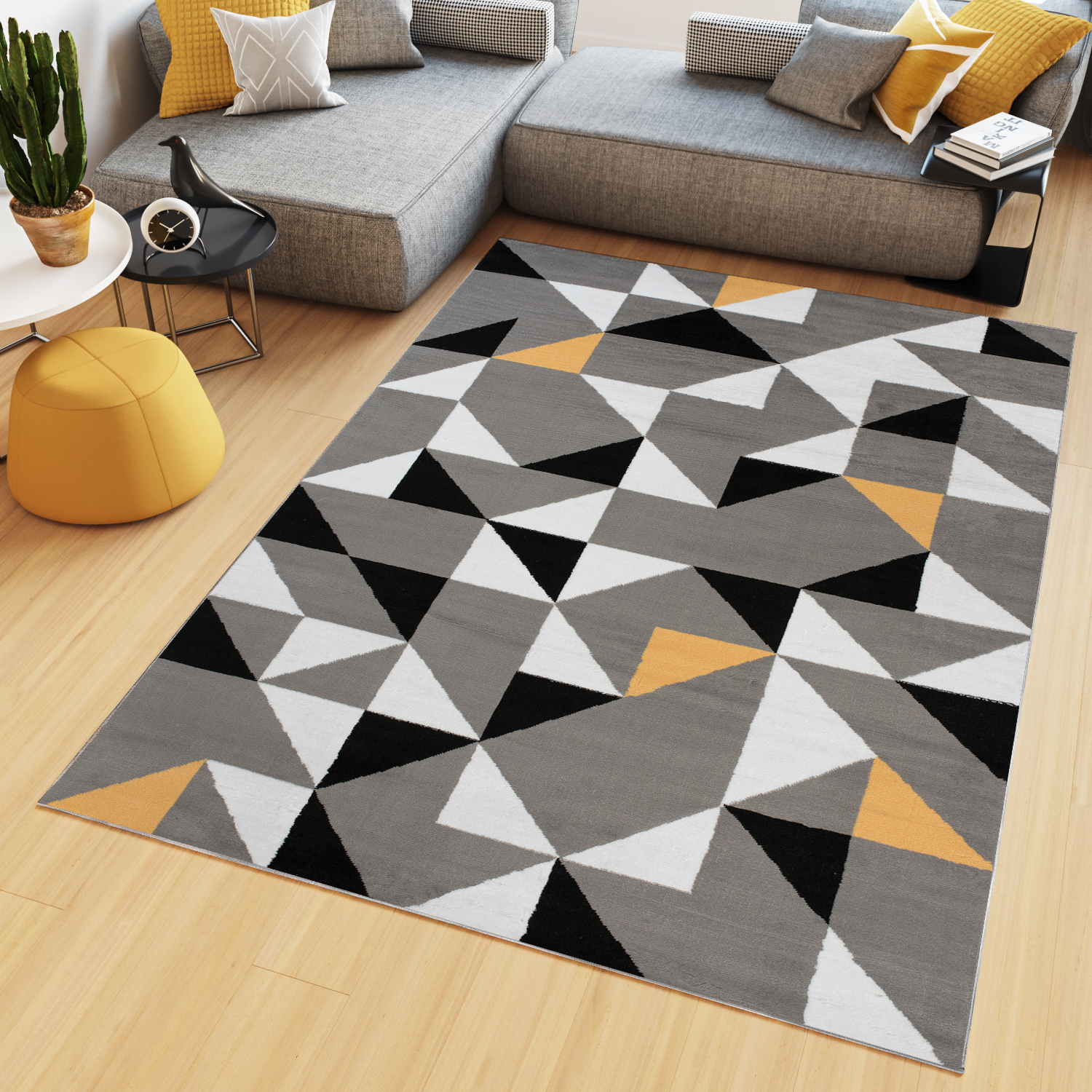 Area Rug Maya Modern Short Pile Triangles Geometric Grey Yellow