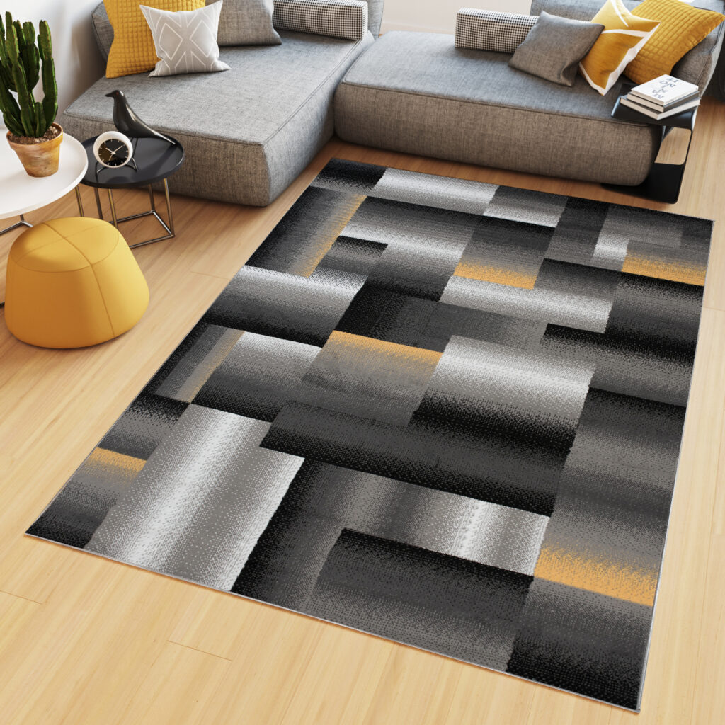 Area Rug Maya Modern Geometric Square Short Pile Grey Yellow