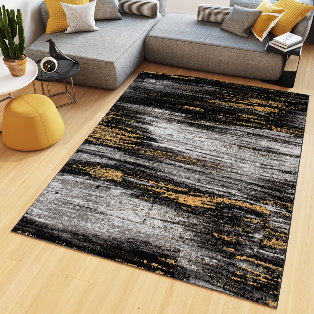 Area Rug Maya Modern Abstract Contemporary Short Pile Grey Yellow