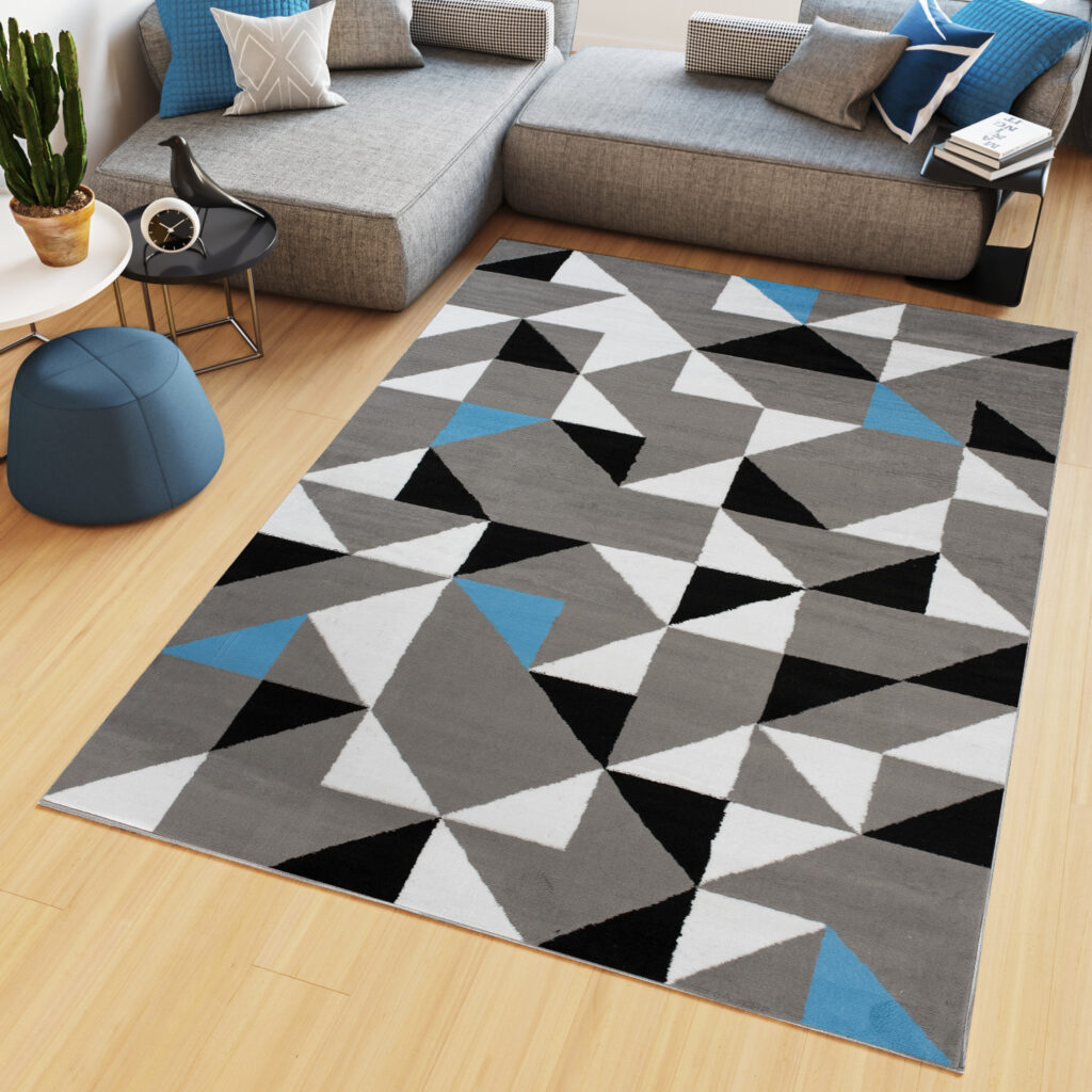Area Rug Maya Modern Short Pile Triangles Geometric Grey Blue