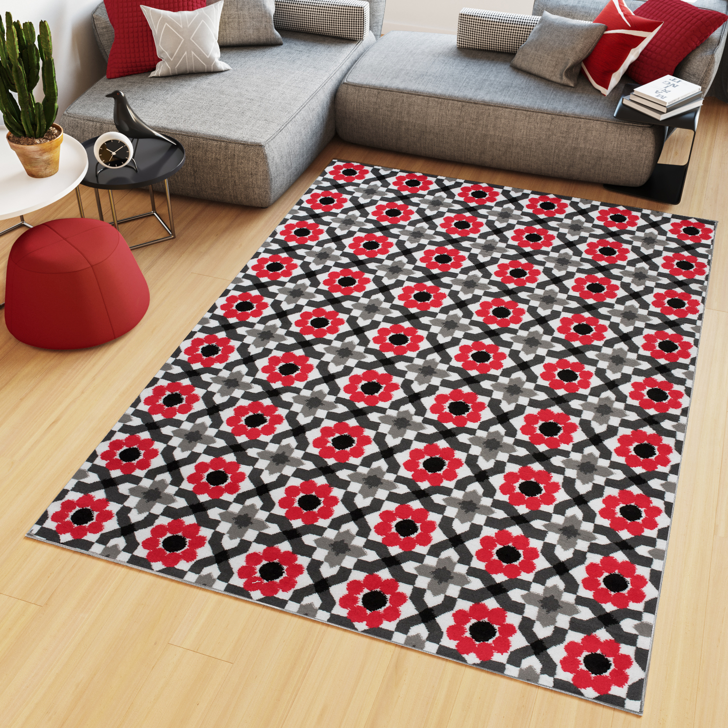 Area Rug Maya Modern Short Pile Floral Designer Grey Red
