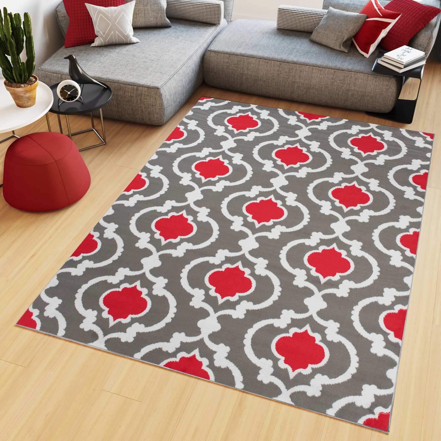 Area Rug Maya Modern Short Pile Trellis Mosaic Designer Grey Red