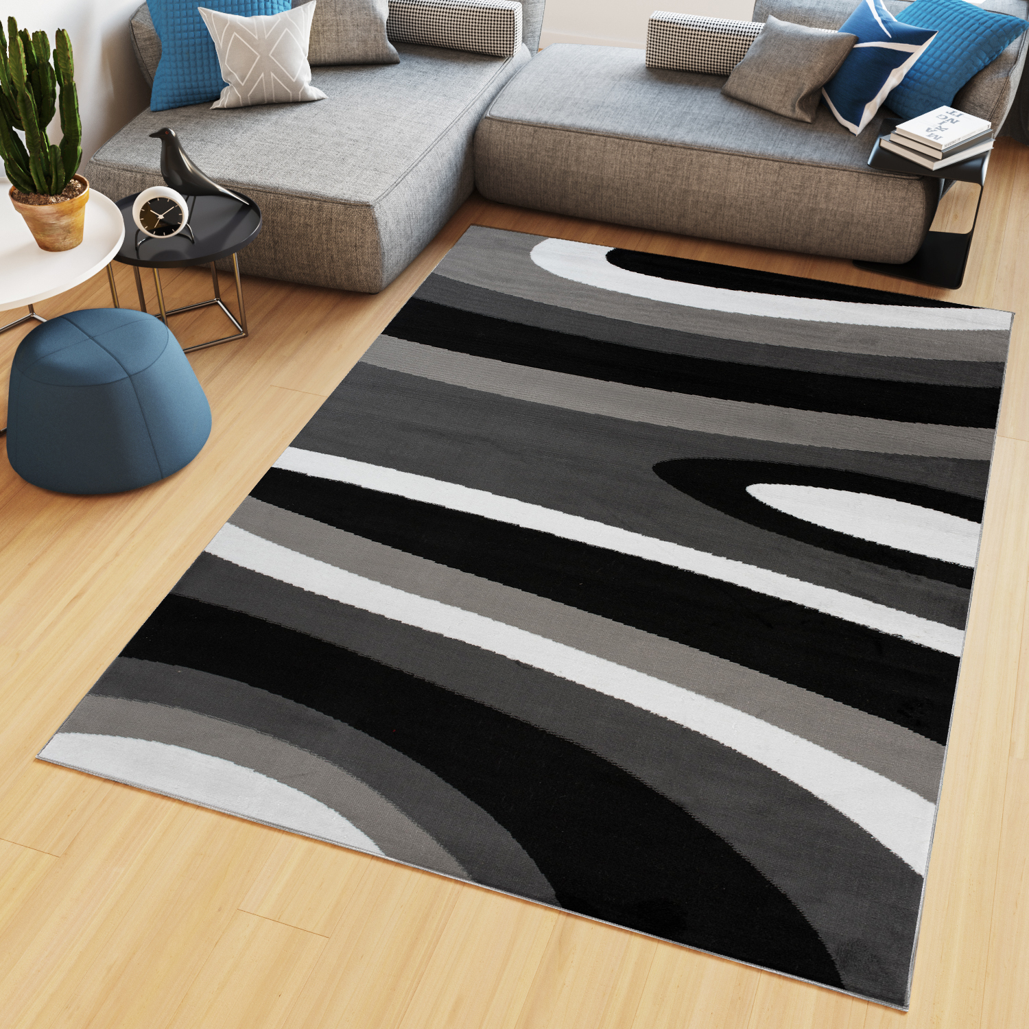 Area Rug Maya Modern Short Pile Waves Lines Designer Grey Black