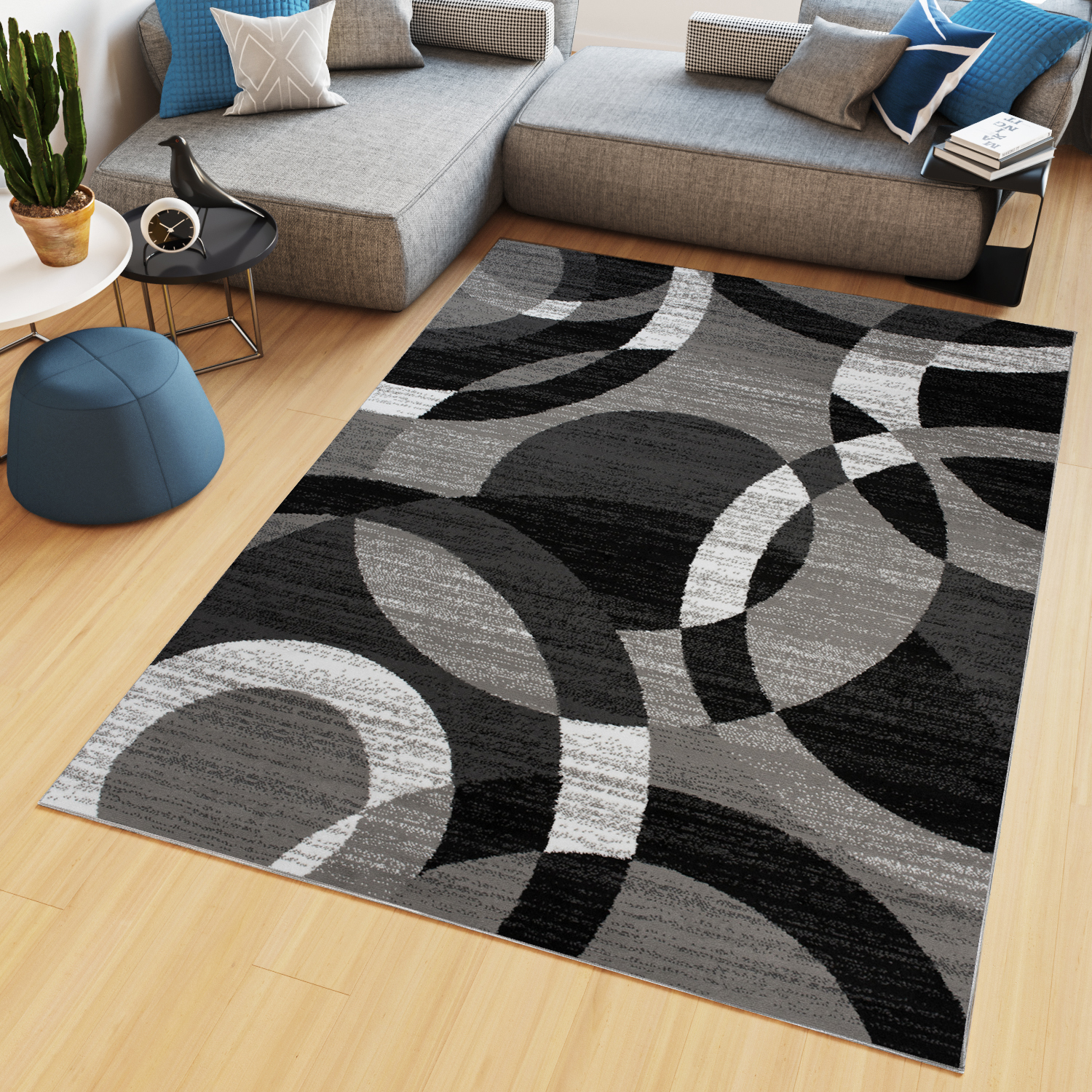 Area Rug Maya Modern Short Pile Geometric Circle Grey Black