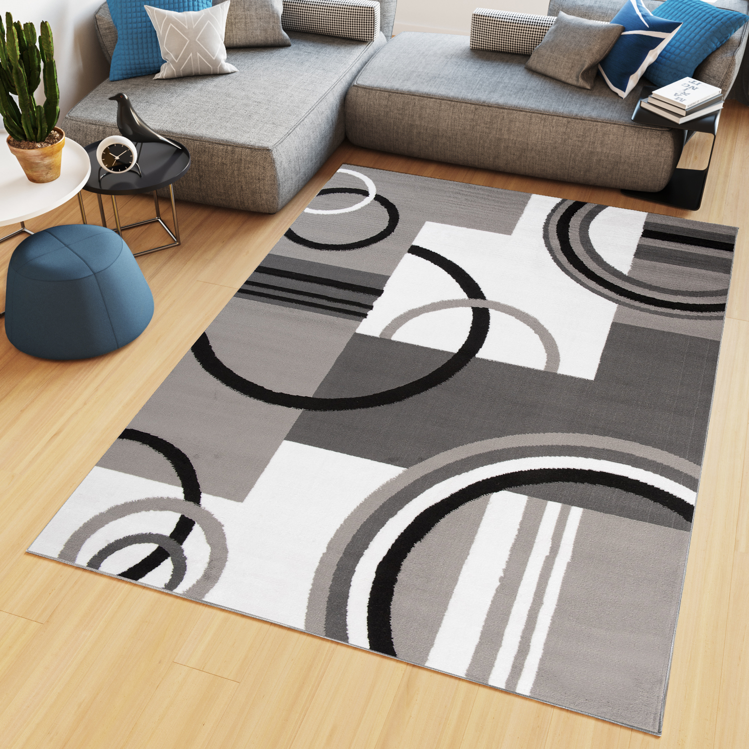 Area Rug Maya Modern Short Pile Circles Geometric White Grey