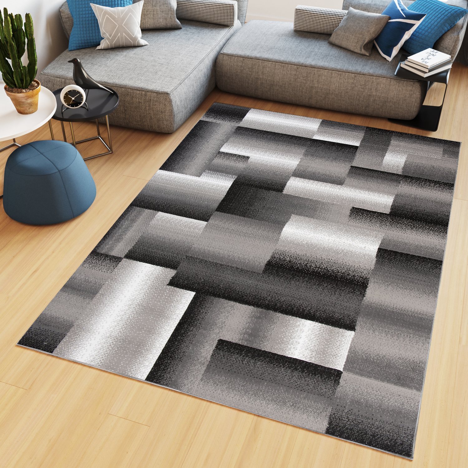 Area Rug Maya Modern Geometric Square Short Pile Grey