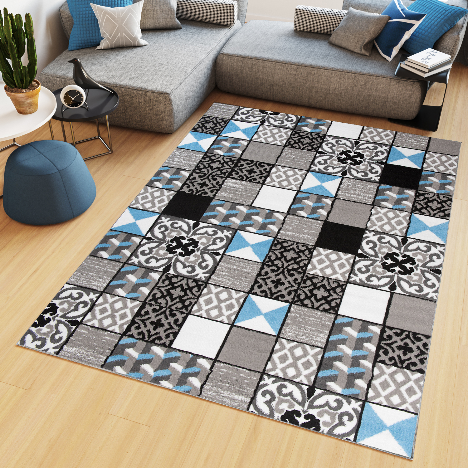 Area Rug Maya Modern Short Pile Mosaic Designer Grey Blue