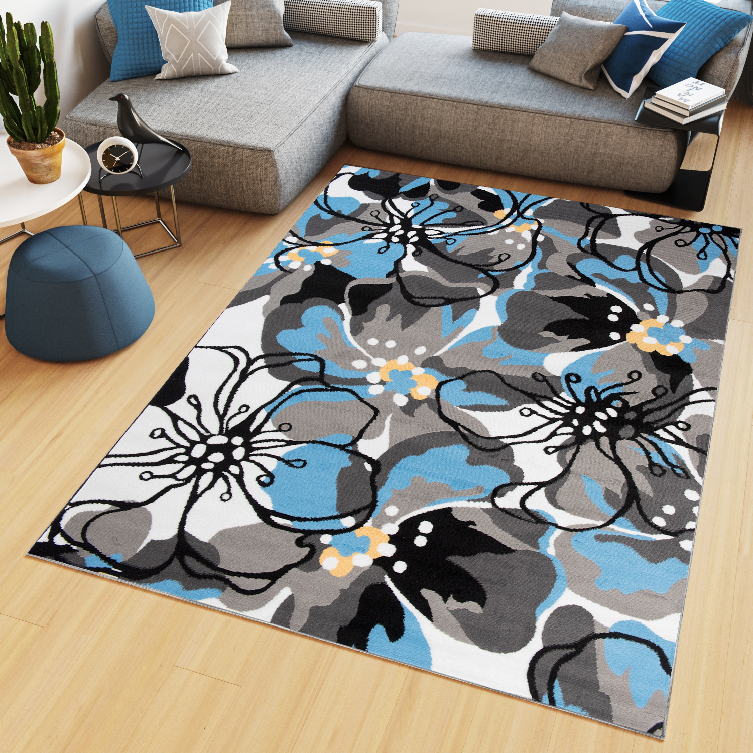 Area Rug Maya Modern Short Pile Designer Flowers Blue Grey
