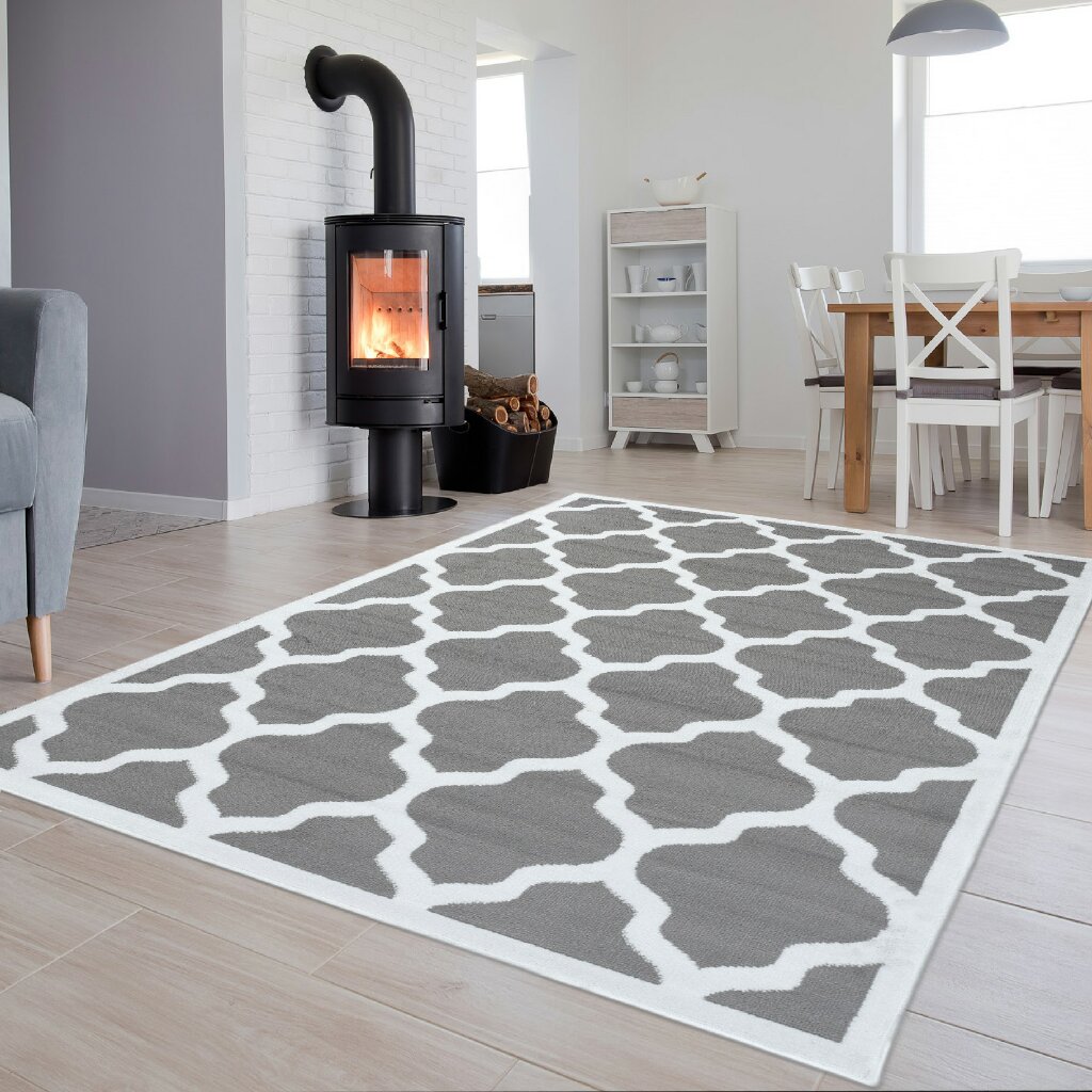 Area Rug Luxury Short Pile Moroccan Trellis Grey White