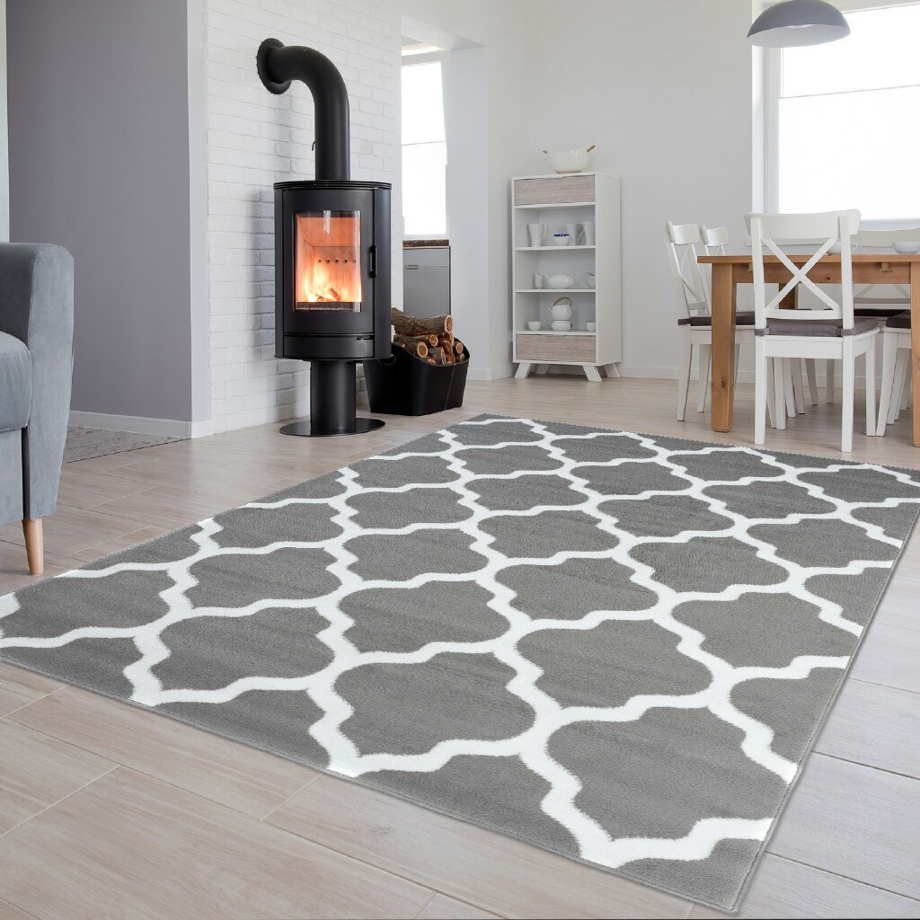Area Rug Luxury Short Pile Trellis Moroccan Grey White