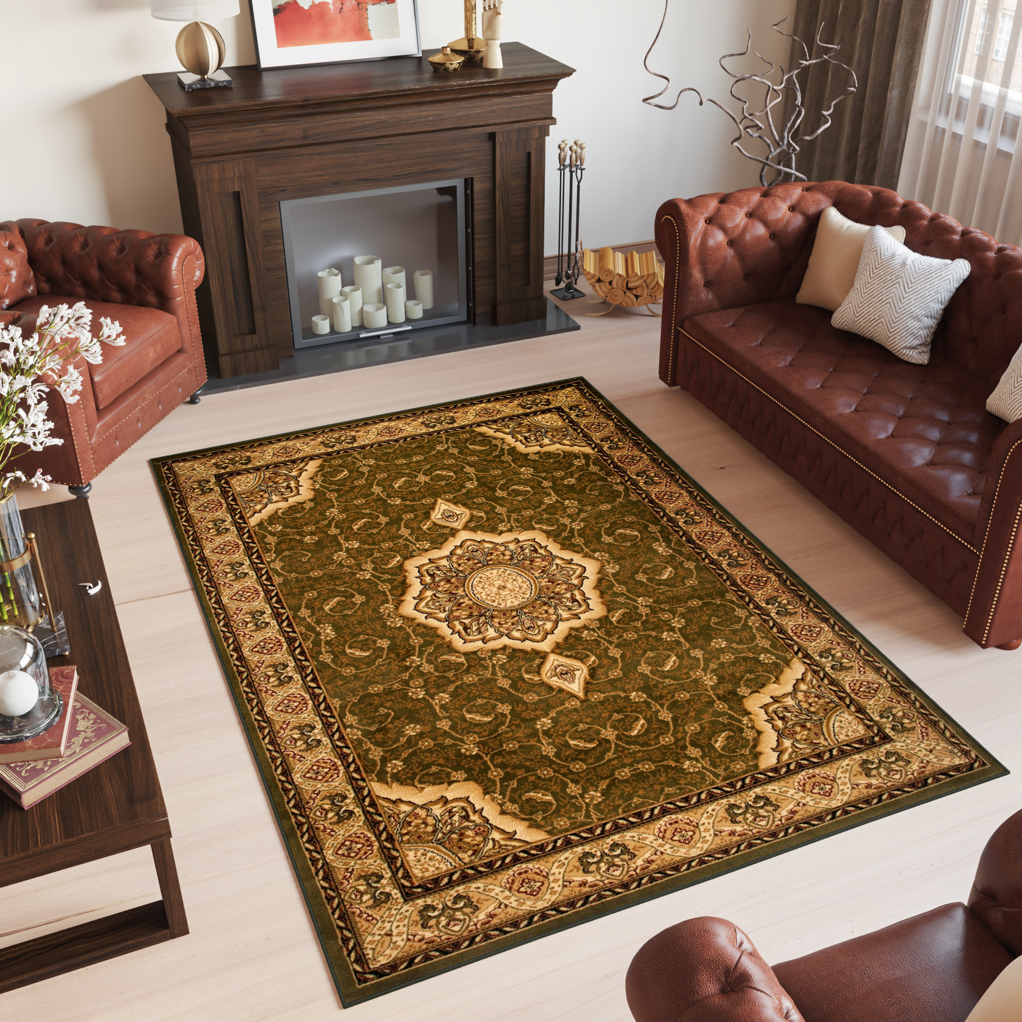 Area Rug Yesemek Short Pile Traditional Classic Ornament Green