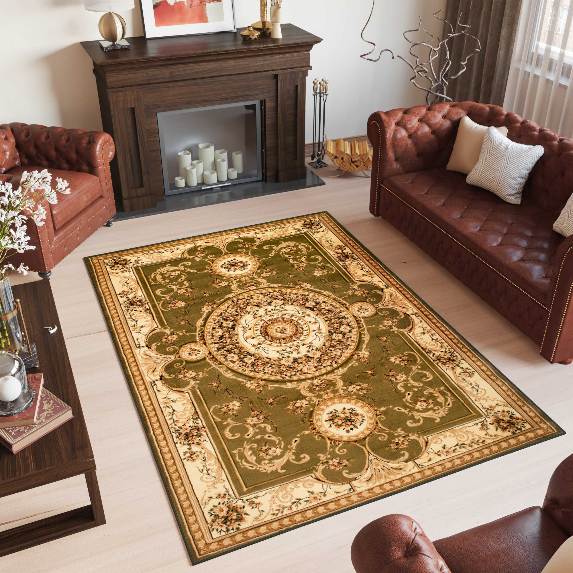 Area Rug Yesemek Short Pile Traditional Decorative Ornament Green