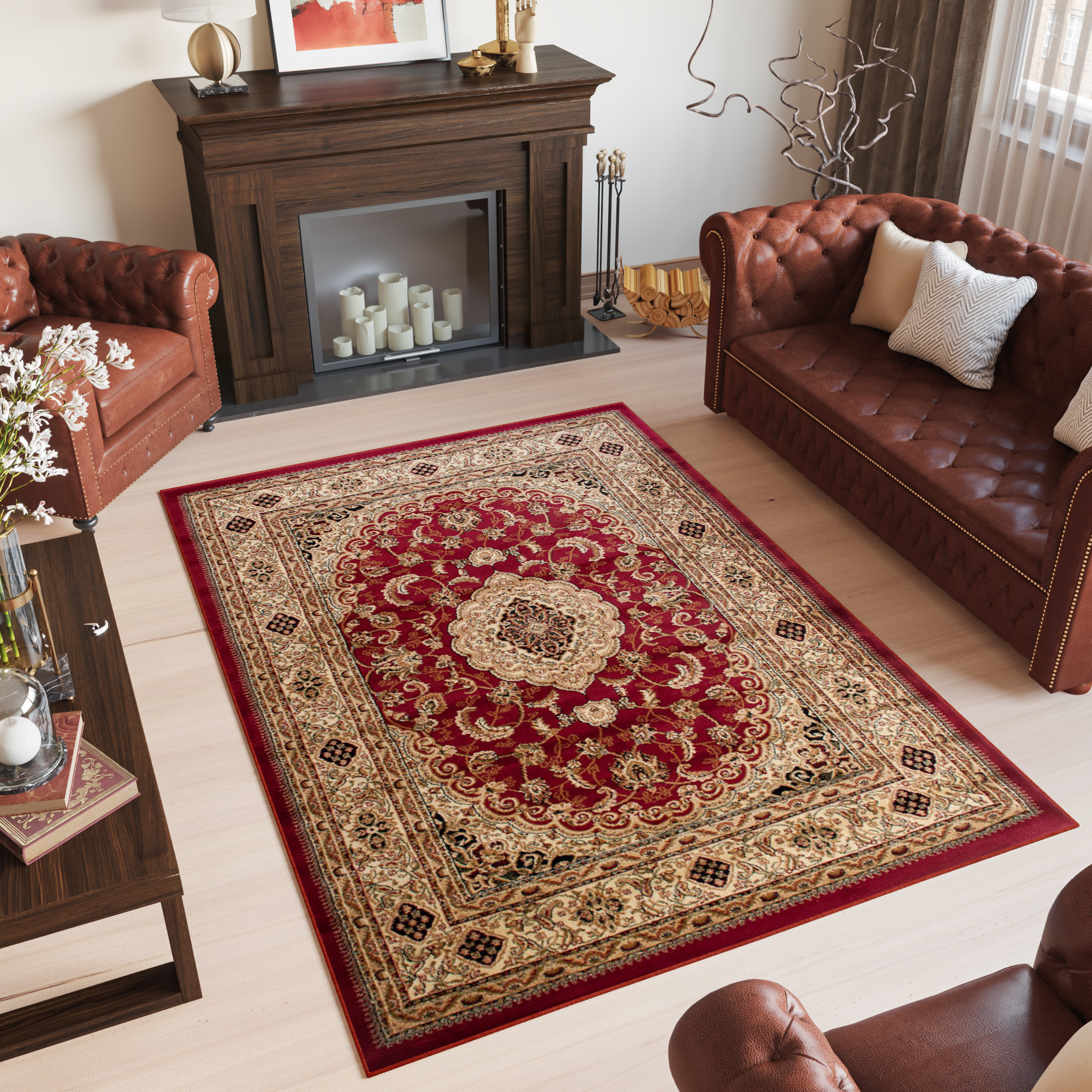 Area Rug Yesemek Short Pile Traditional Ornament Medallion Red