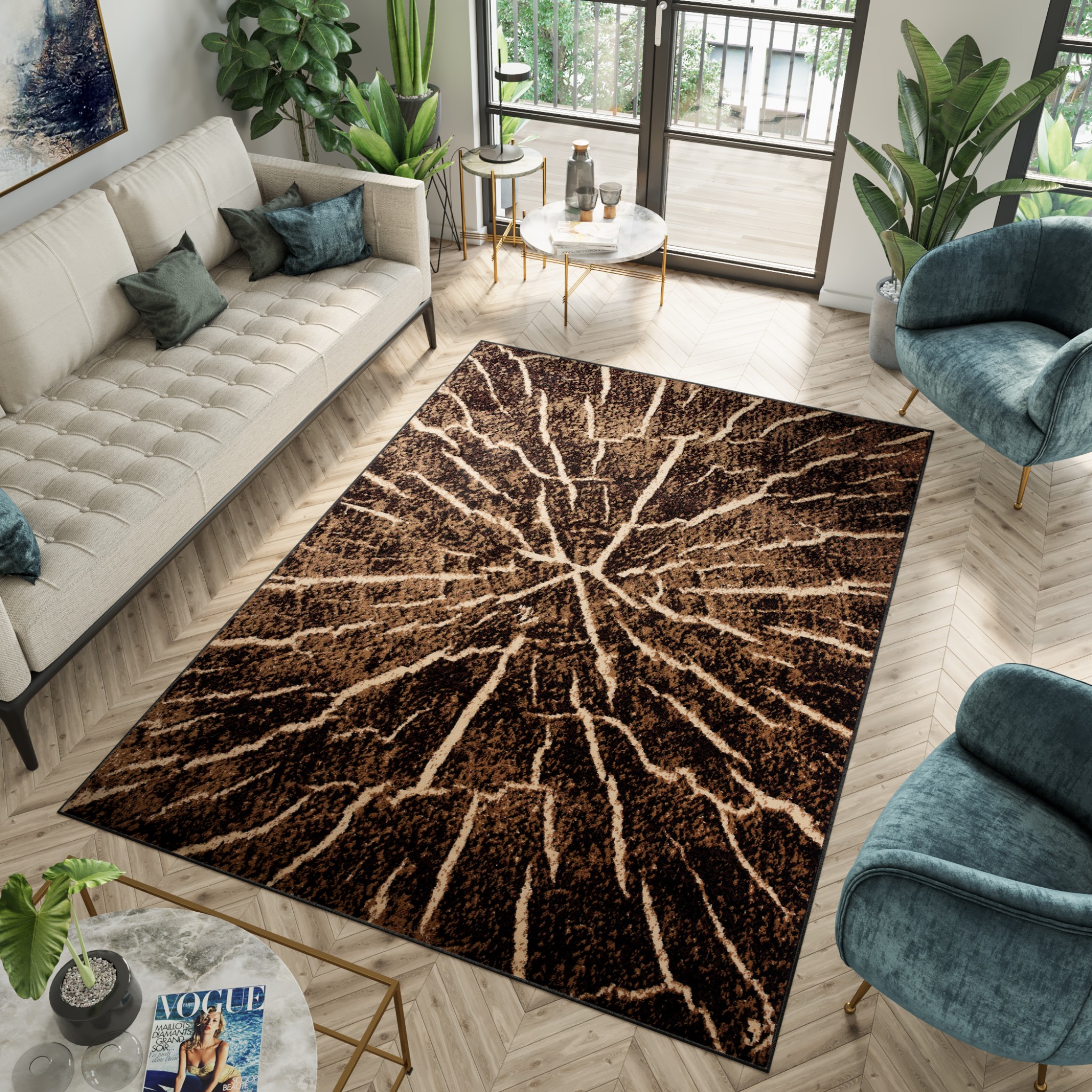Area Rug Luxury Short Pile Wooden Forest Brown Black