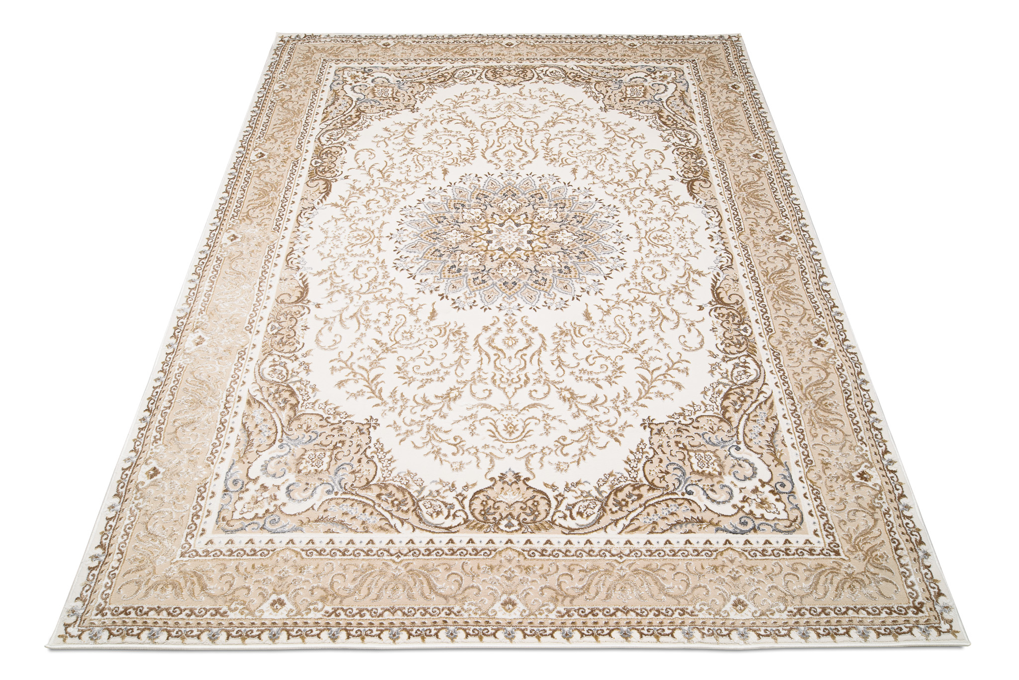 Area Rug Hera Cream Beige Traditional Rosette 3D Effect