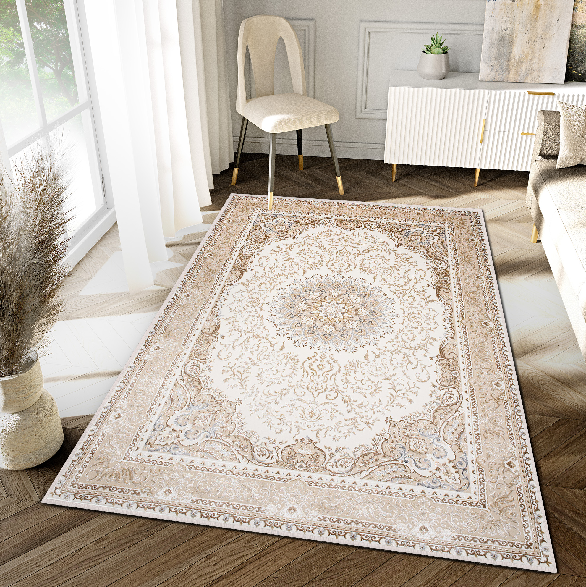 Area Rug Hera Cream Beige Traditional Rosette 3D Effect