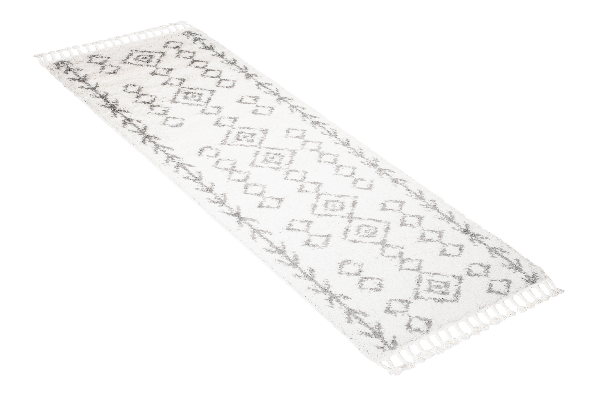 Carpet Runner Boho Shaggy Ethno Lines Cream Grey Fringes Soft Fluffy