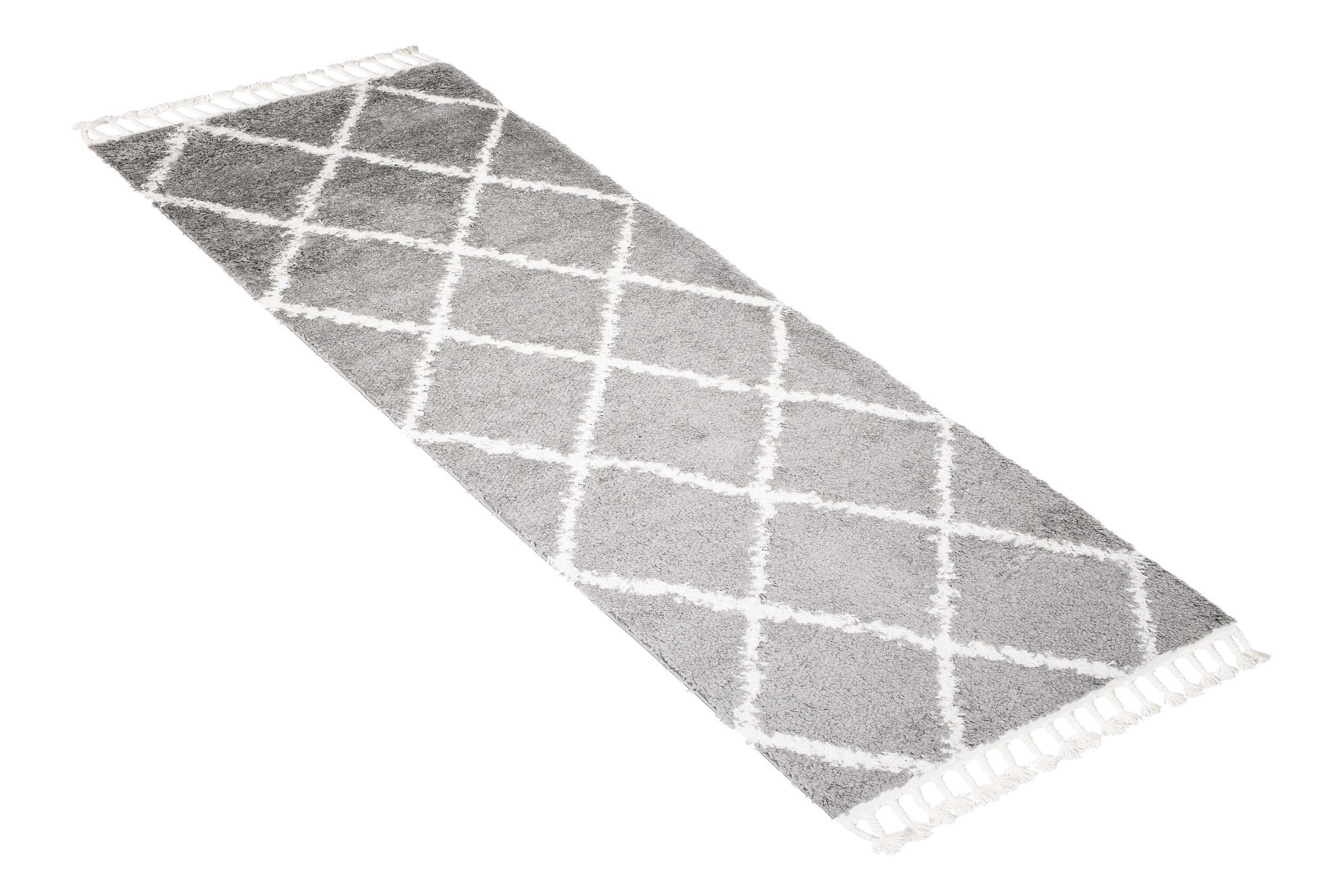 Carpet Runner Boho Shaggy Fringes Grey Geometric Trellis Soft Fluffy