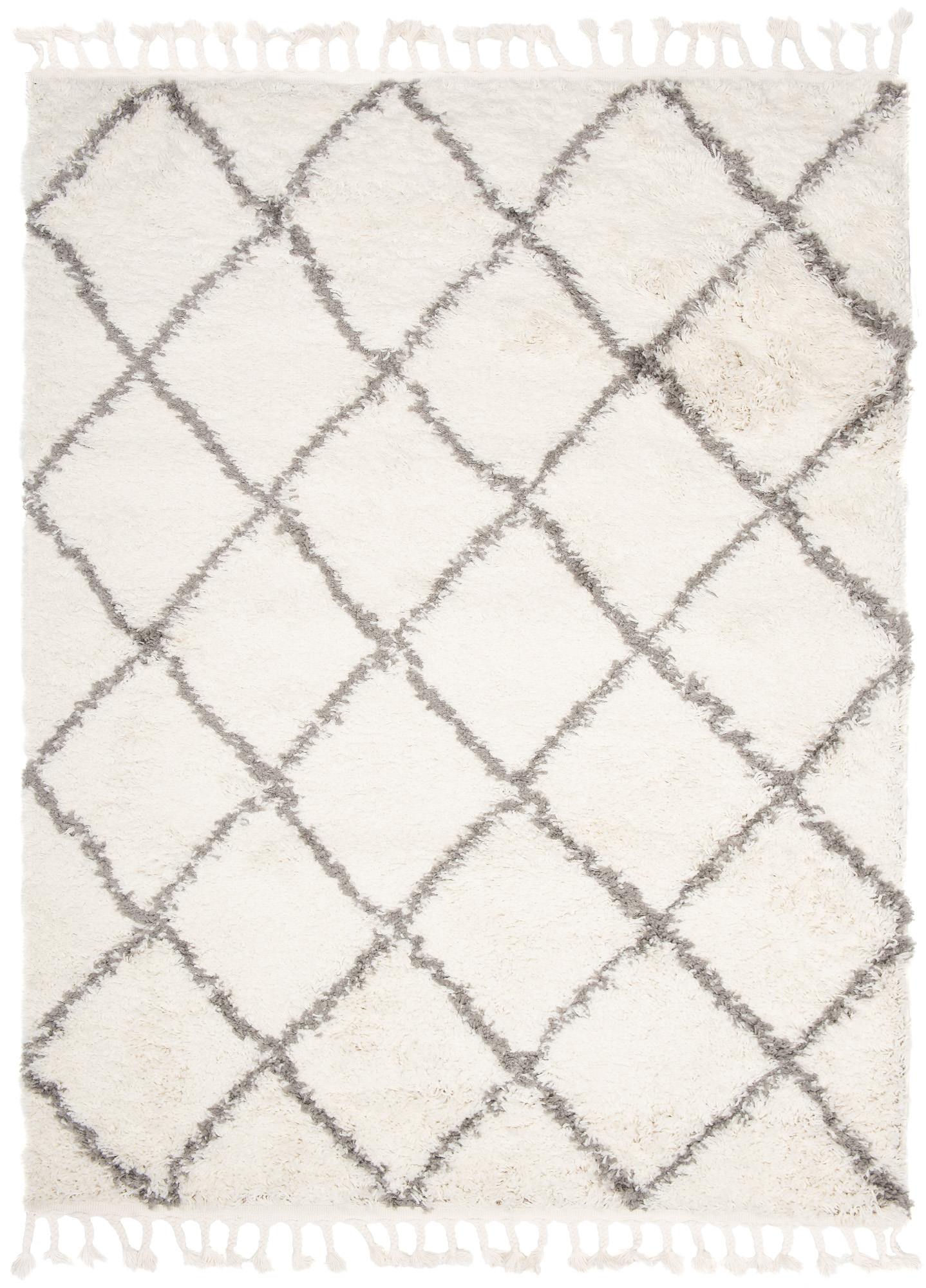 Area Rug Boho Shaggy Fringes Diamond Lines Cream Grey